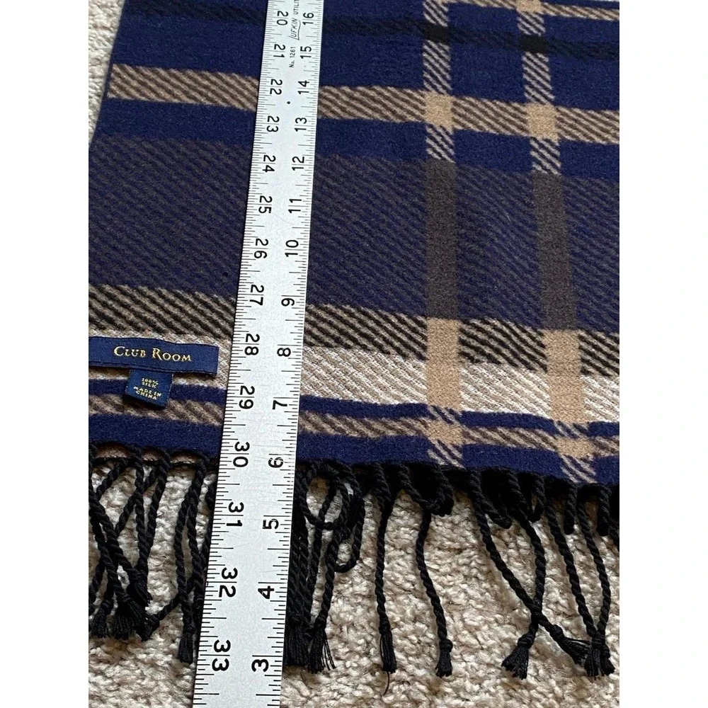 Club Room 100% Silk Scarf Navy Tartan Plaid Preppy Quiet Luxury Unisex